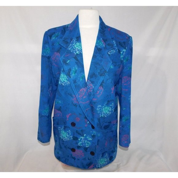 LOUBEN Jackets & Blazers - VTG LOUBEN Women 8 Blue Floral Wool Blend Oversized Blazer Jacket Shoulder Pads